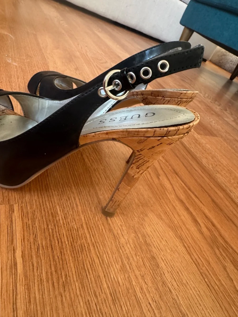 Guess black patent slingbacks with cork heels